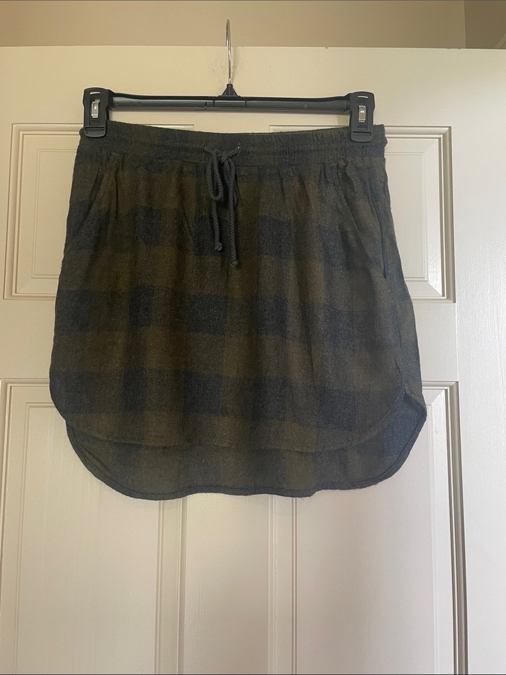 Bella Dahl Olive and Blue Plaid Drawstring Mini Skirt